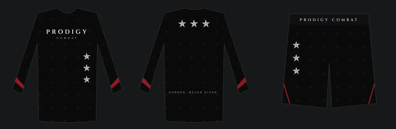 Obsidian concept: a near-black rash guard with three silver stars down the ribs and across the traps, and matching fight shorts.