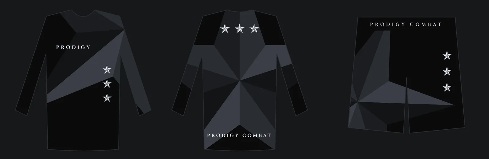 Faceted concept: rash guard and shorts covered in a fractured steel star-facet pattern.